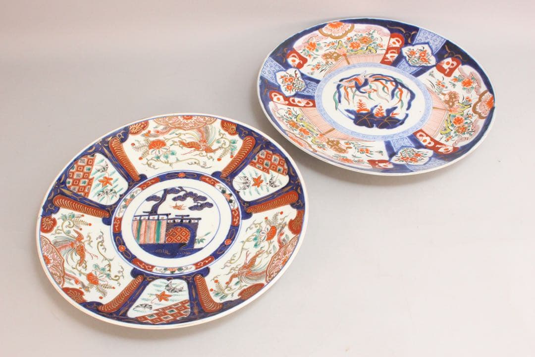 No4436 古伊万里　染錦大皿2点　赤絵　金襴手　鳳凰　花鳥　古美術　送料無料