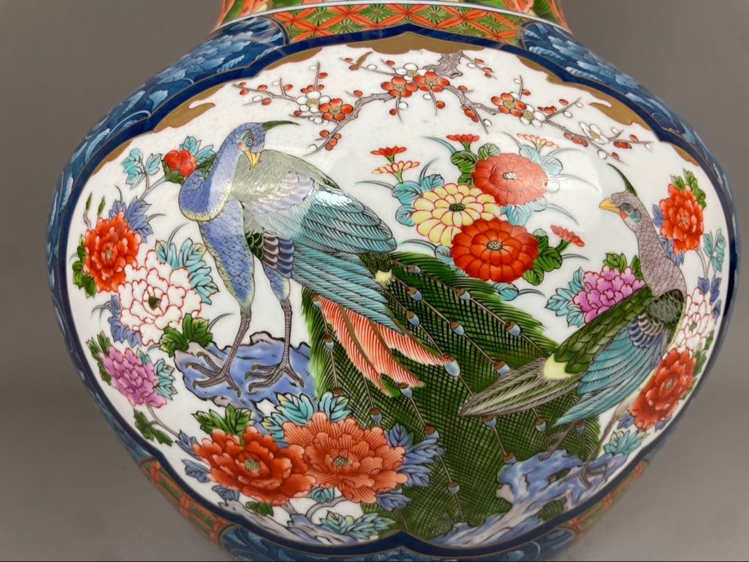 有田焼銘工 藤井勝雲 極上 染錦 花鳥図花瓶 金箔 金彩色絵 双耳 飾壷 置物