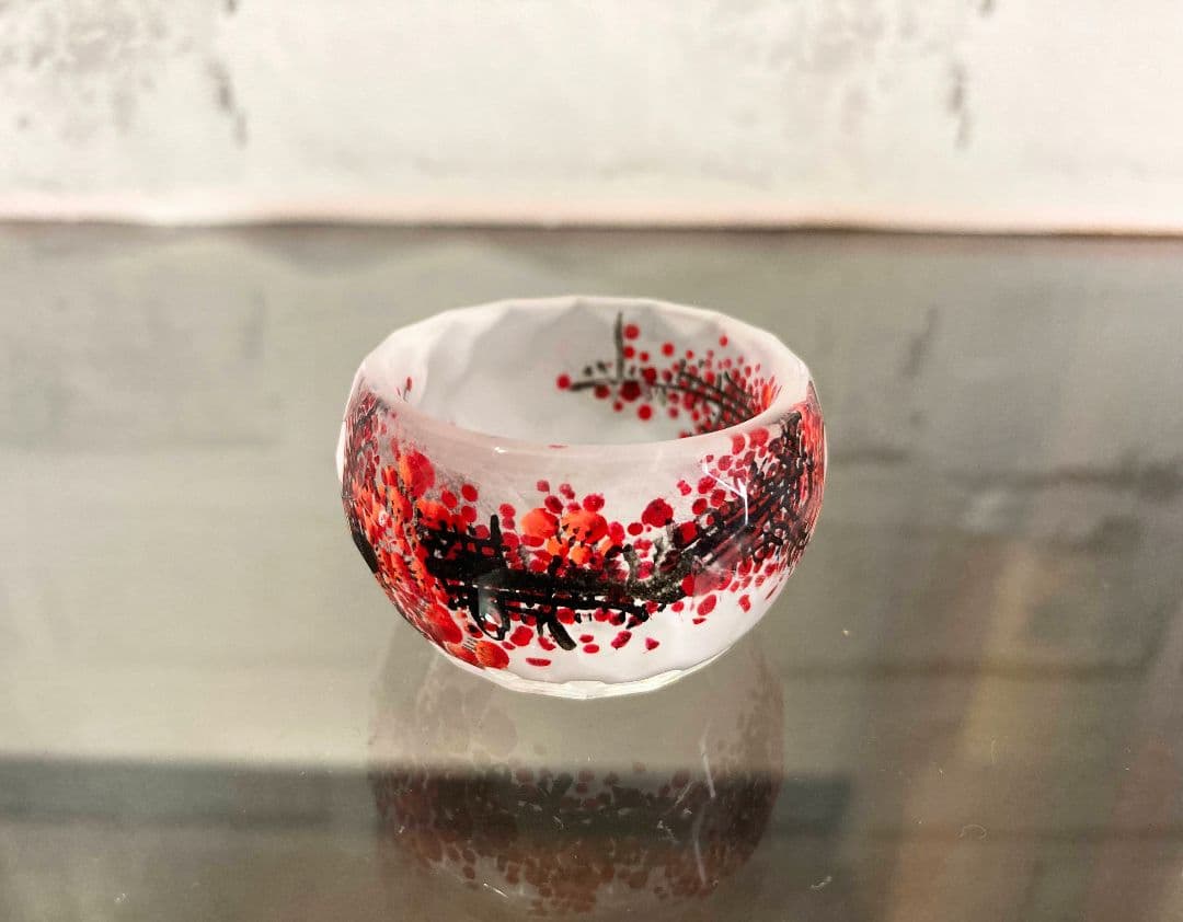 ◇中国ガラス茶器 紅梅図 手描き 清香銘作 ◇