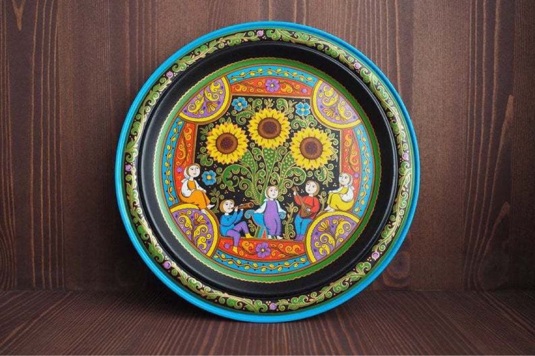 ロシア雑貨☆ヒマワリの飾り皿 直径25cm 壁掛け飾り オリガ作 マトリョーシカ