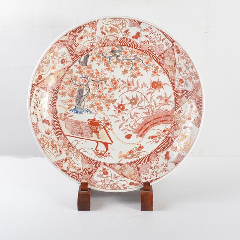 九谷焼　古九谷　赤絵金彩　花文　飾皿　大皿　直径約43.5㎝　M　R4861C