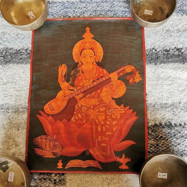 サラスヴァティ　弁財天：　タンカ　仏画（額縁なし）
