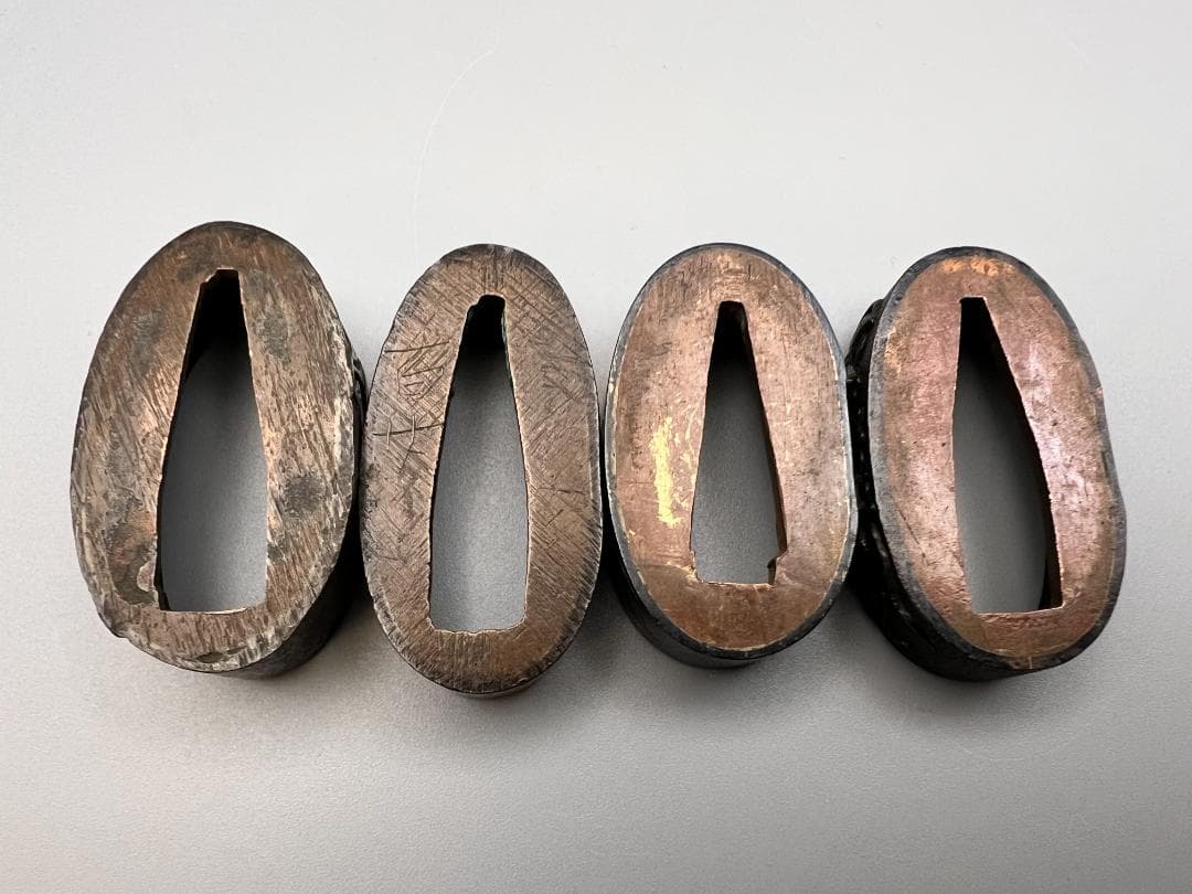 【海】江戸明治期　日本刀装具　花図　牡丹　金象嵌　縁頭　４点　骨董品　美術品