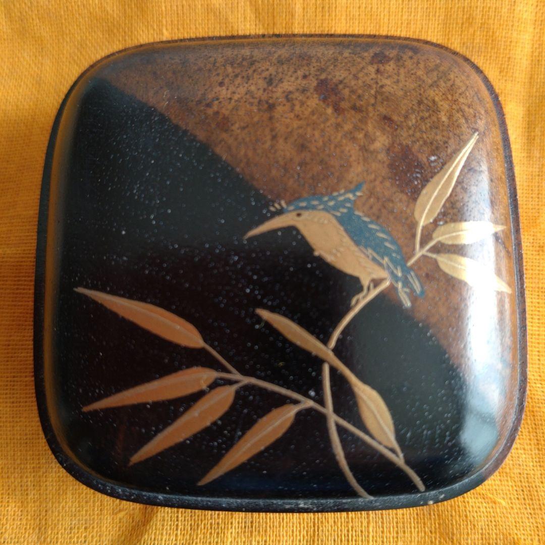 香合　黒柿四方　翡翠蒔絵　峰春造　共箱　無傷