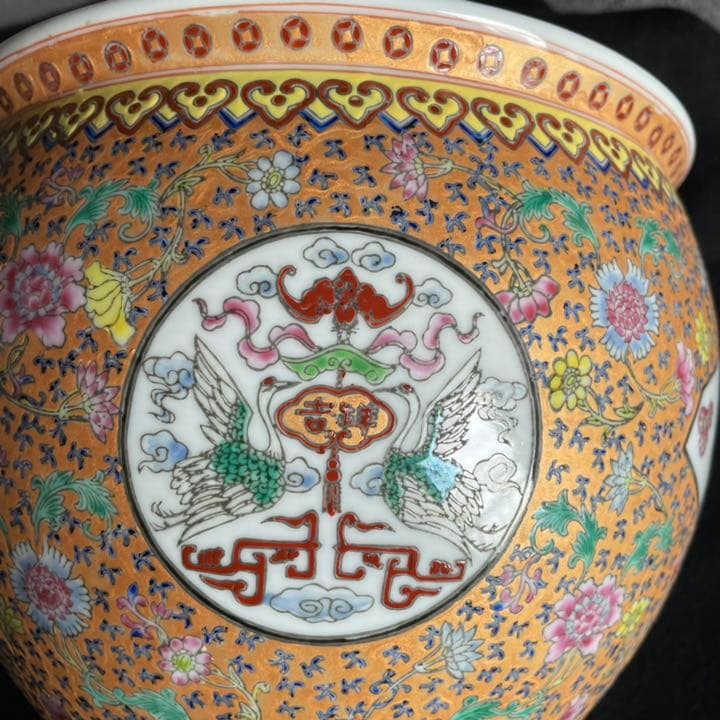 景徳鎮　鉢　百寿　百福　吉祥　手描き　粉彩　蝙蝠　鶴　中国　火鉢　陶器　焼物　書