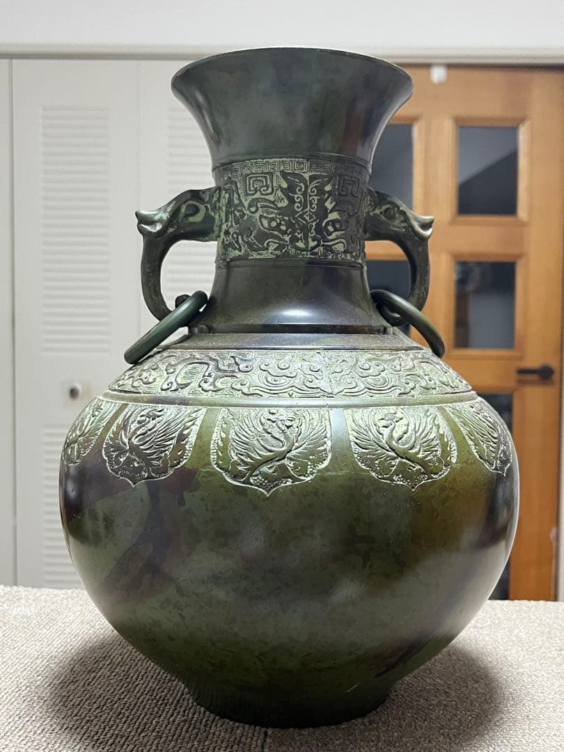 高岡銅器 吉秀 双耳 浮彫花鳥文花器 花瓶 華道具 飾り壷 インテリア