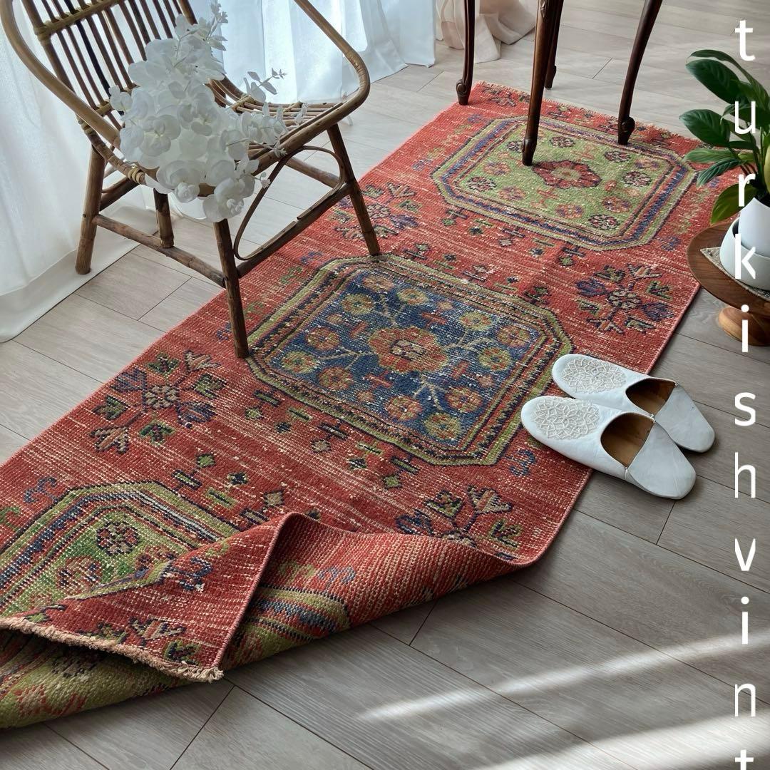 オレンジ3Box ブルー73×184 グリーン　魔除けD トルコヴィンテージラグ