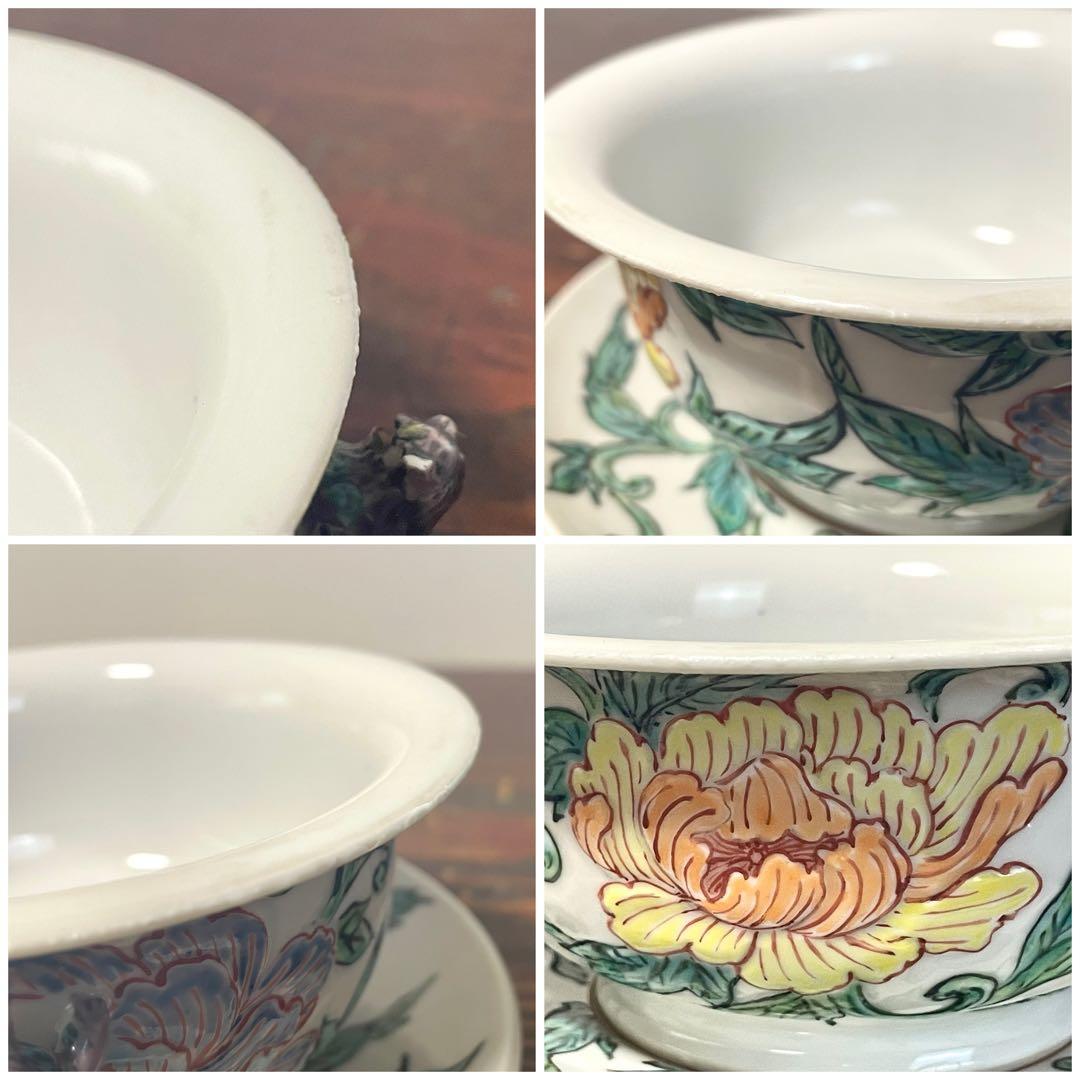 五代 清風与平？ 在銘 色絵 牡丹紋 唐獅子双耳 碗皿 詳細不明