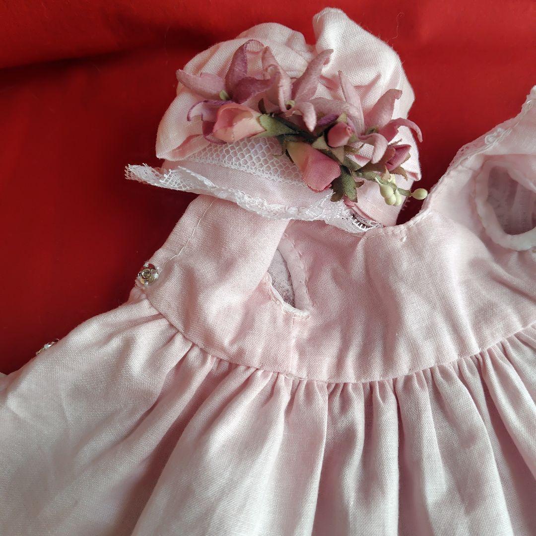 30cm位のドール用ドレス 淡〜いピンクアンティークドレスとボネ