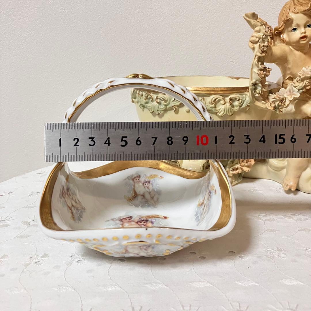 イタリア製 天使 エンジェル アンティーク調 置物 小物入れ／陶器製 バスケット