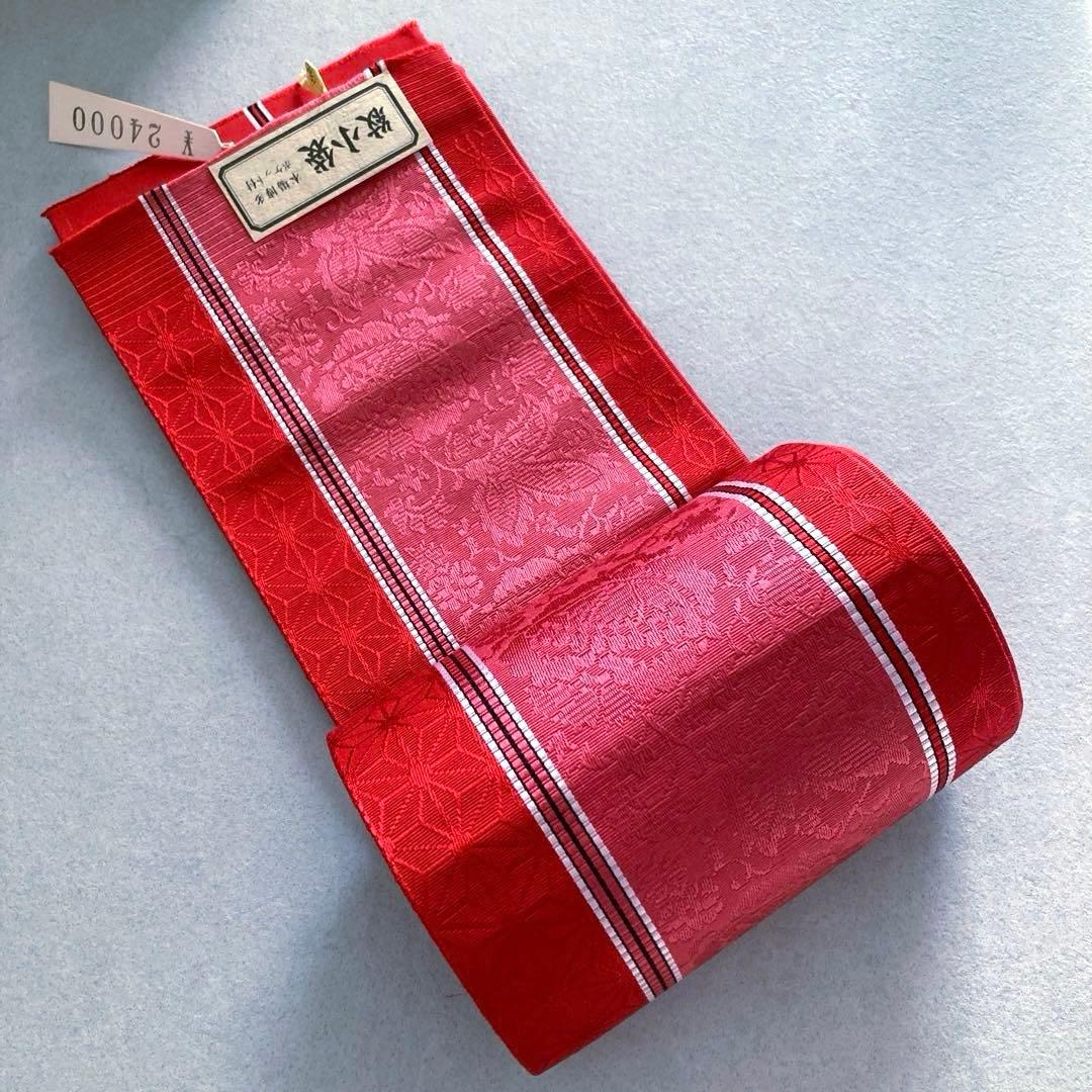 未使用　本場筑前博多織　半幅帯　織り出し縞模様・花模様　正絹　No.2-22