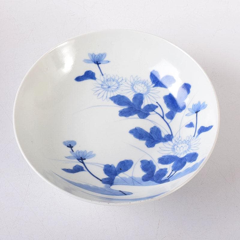 鍋島焼　藍鍋島　染付菊花文　五寸皿　時代箱　V　R8086