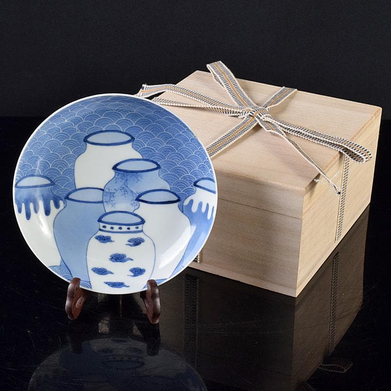 鍋島焼　藍鍋島　七壷文　五寸皿　時代箱付　V　R8047