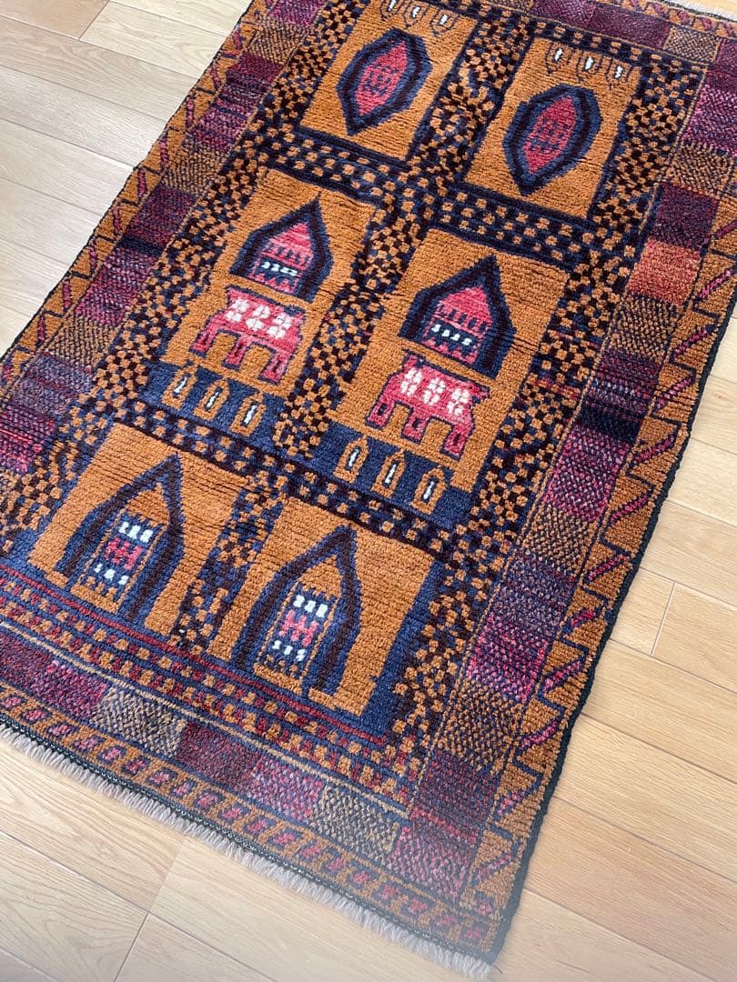 IDEE ラグ マット 145×94 幾何学柄 ブラウン ボルドー ネイビー