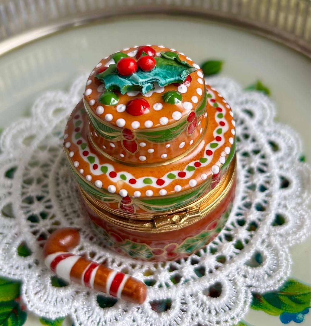 希少品リモージュボックス　クリスマスケーキ　ヴィンテージステッキ型キャンディ付き