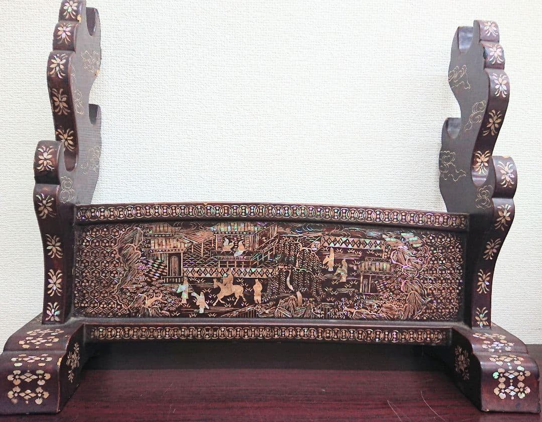 H1 螺鈿細工 両面 三段 刀掛 木製 武具 美術品 刀装具 伝統工芸品 古美術