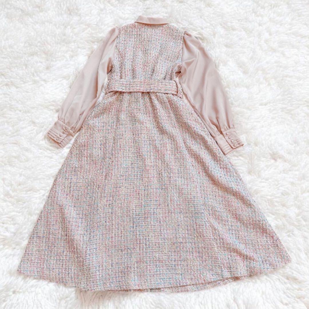 areeam ピンク系ミックスツイード長袖マキシワンピース　異素材　ベルト付き