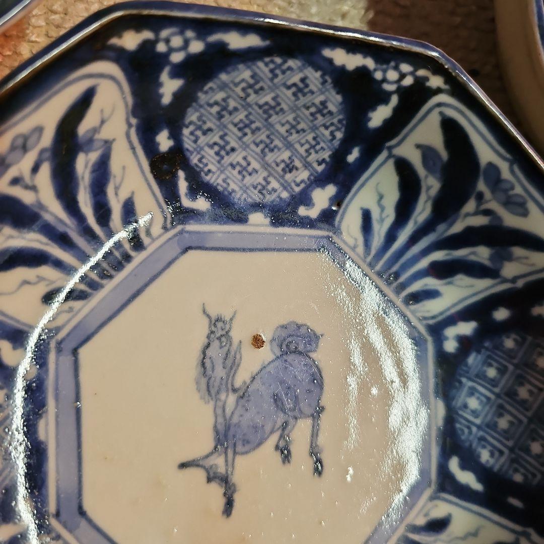 江戸後期 古伊万里 染付八角麒麟鉢 5客