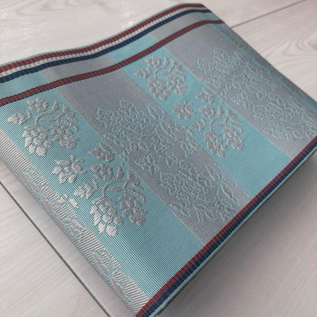 本場筑前博多織　半幅帯　ブルーグレー　織り出し花模様・縞模様　正絹　No2.22