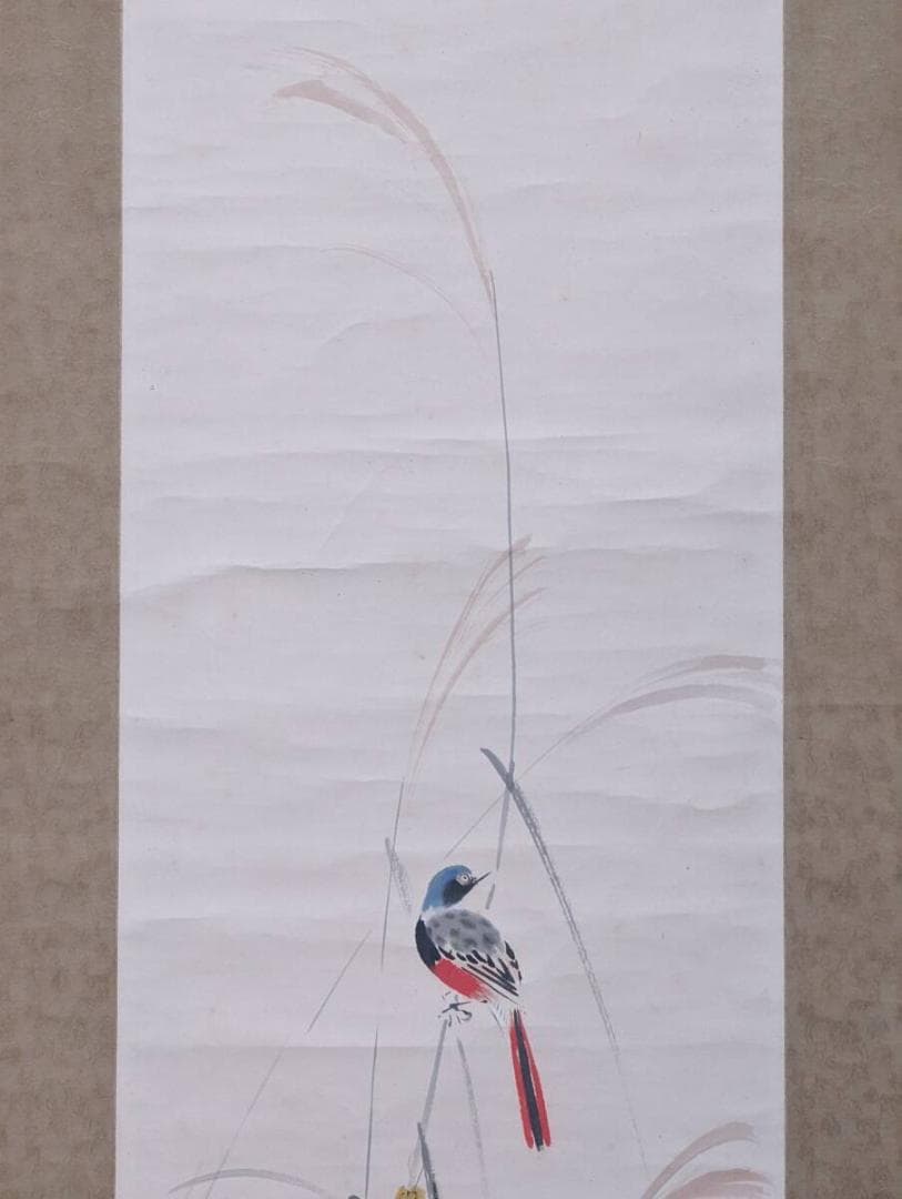 【真作】掛軸　佐野光穂　秋草に小禽図　四条派雅趣　鳥花風情　共箱入　T41