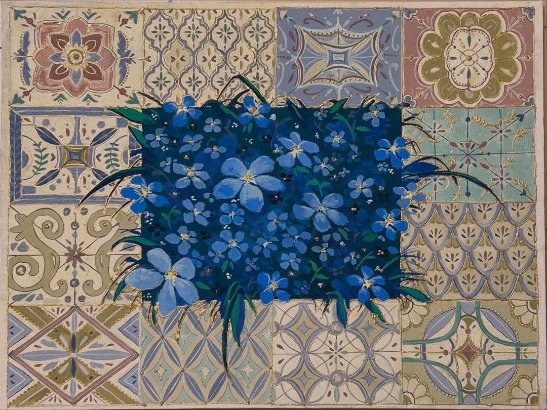 青い花のアクリル画 タイル模様 ハンドメイド