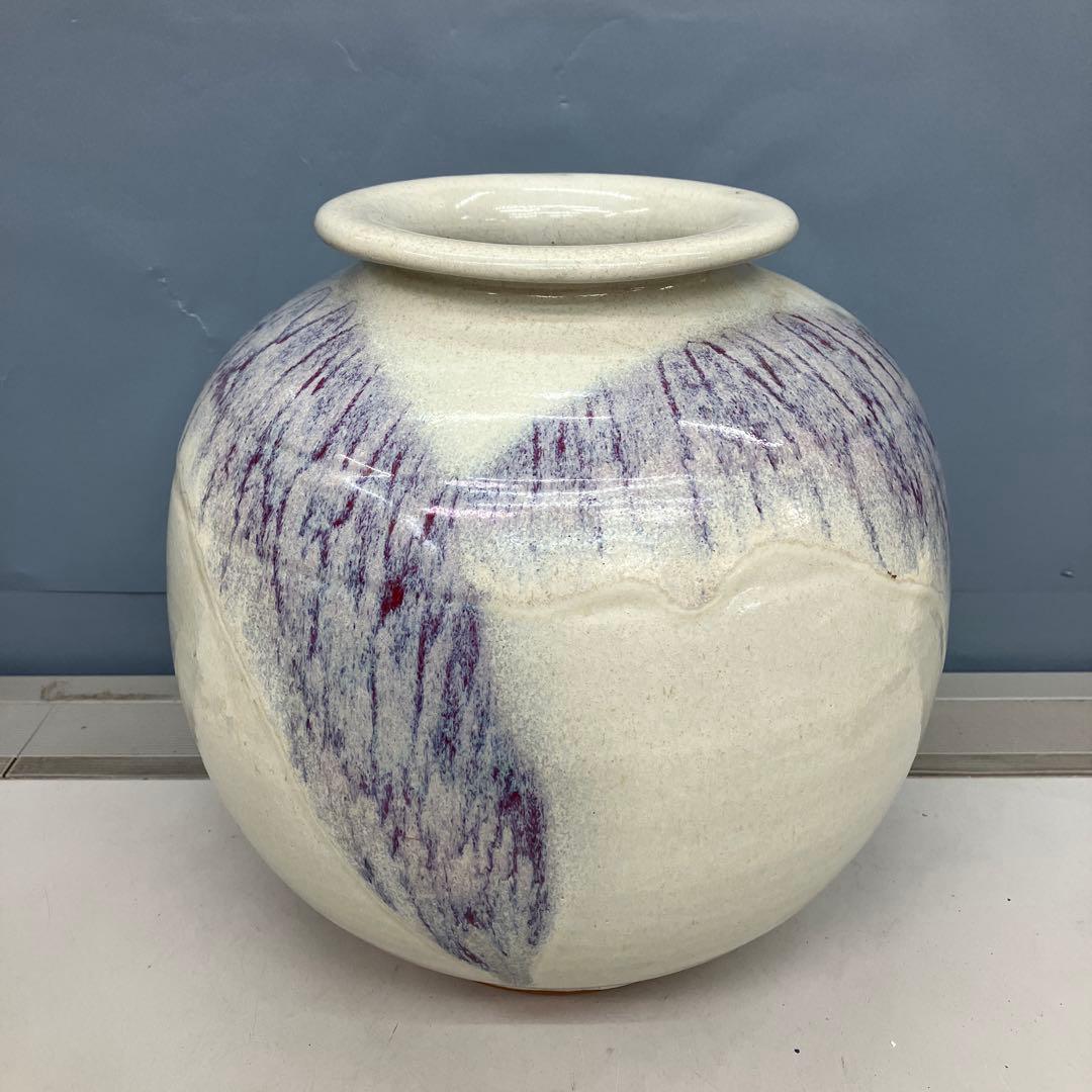 4F 昭和レトロ 陶器製 花瓶 壺型 白×紫 釉薬アート フラワーベース 古道具