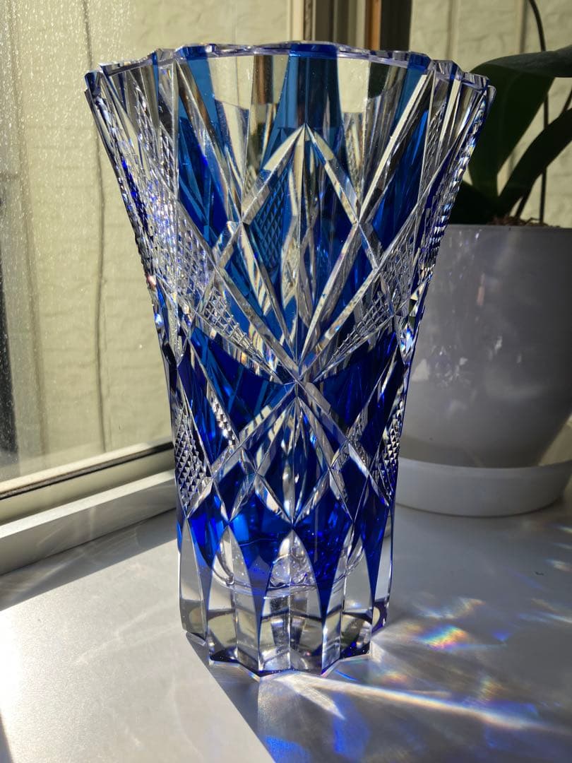 昭和レトロ◆江戸切子◆花器 花瓶◆昭和後期◆青被せ カットガラス