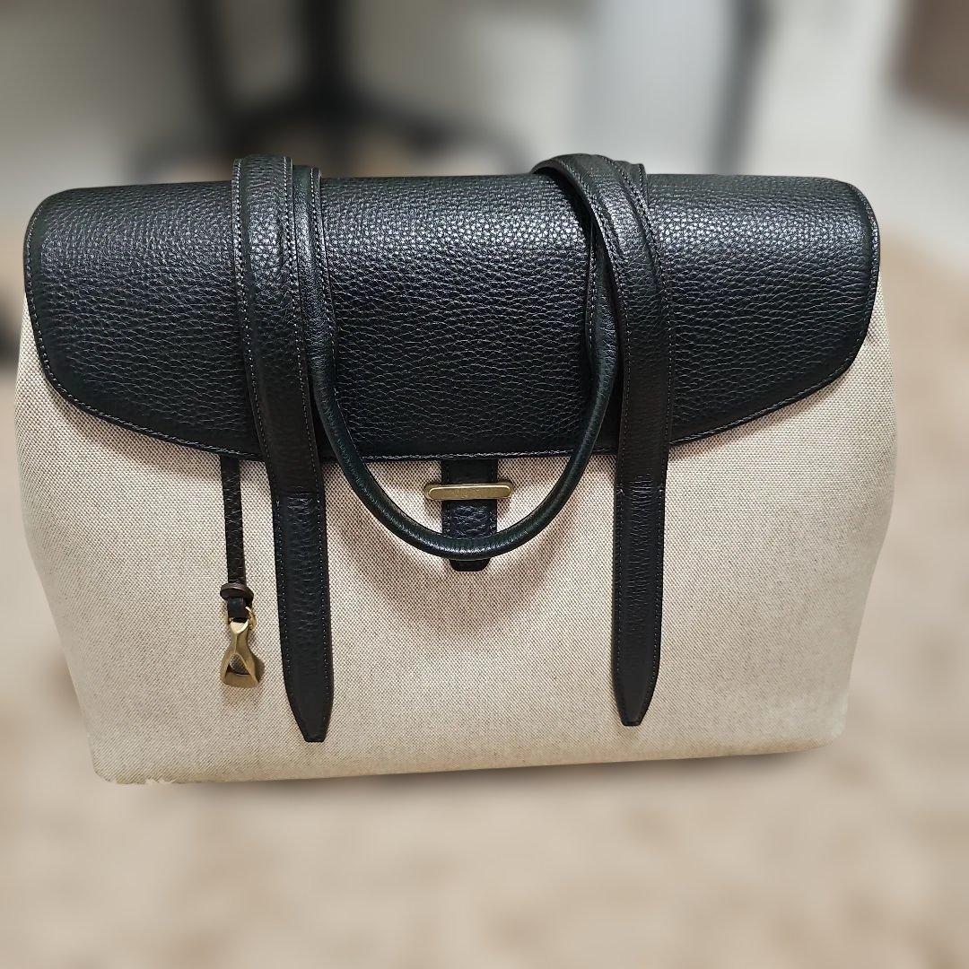 レザーキャンバストートバッグ ブラック/ベージュ