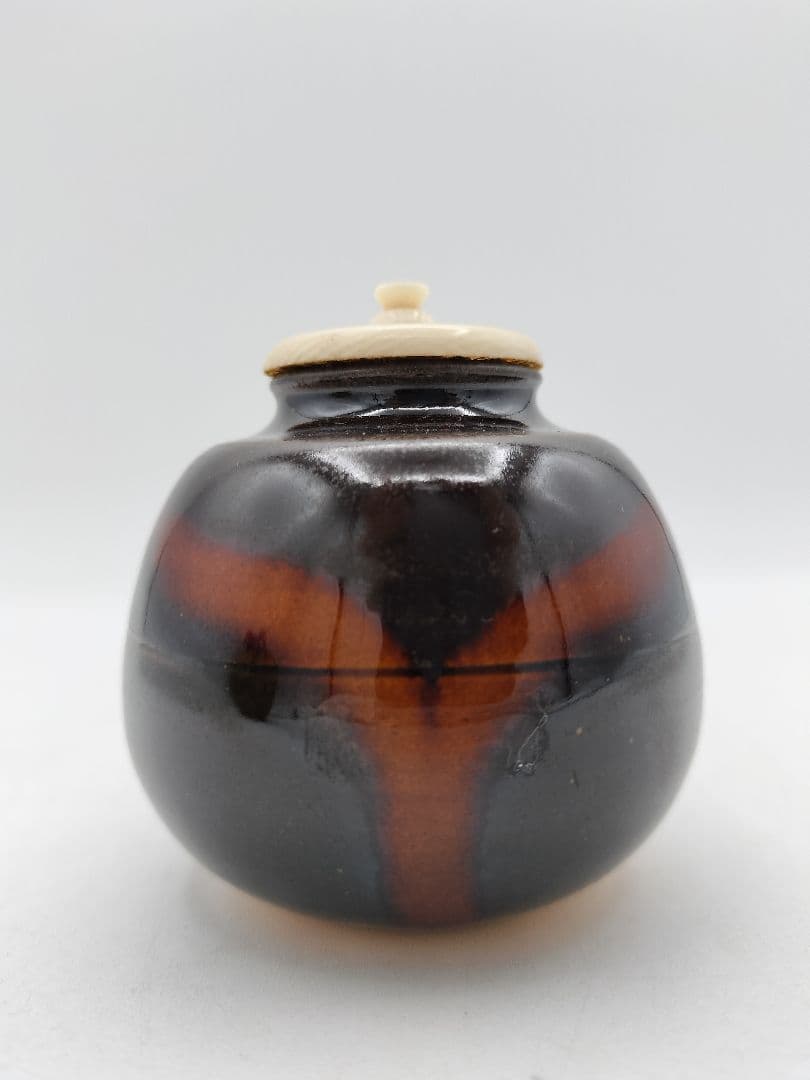 c906【新品・未使用】茶入 大名物漢作 福原茄子写 龍喜窯 木箱 茶道具