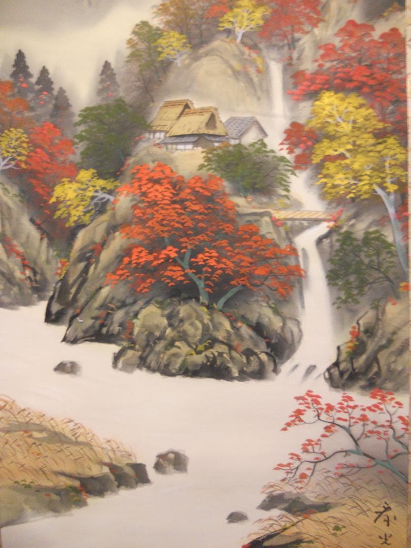 掛け軸 秀水 彩色秋景図 絹本 希少 軸装 茶道具 掛軸 美品 です。