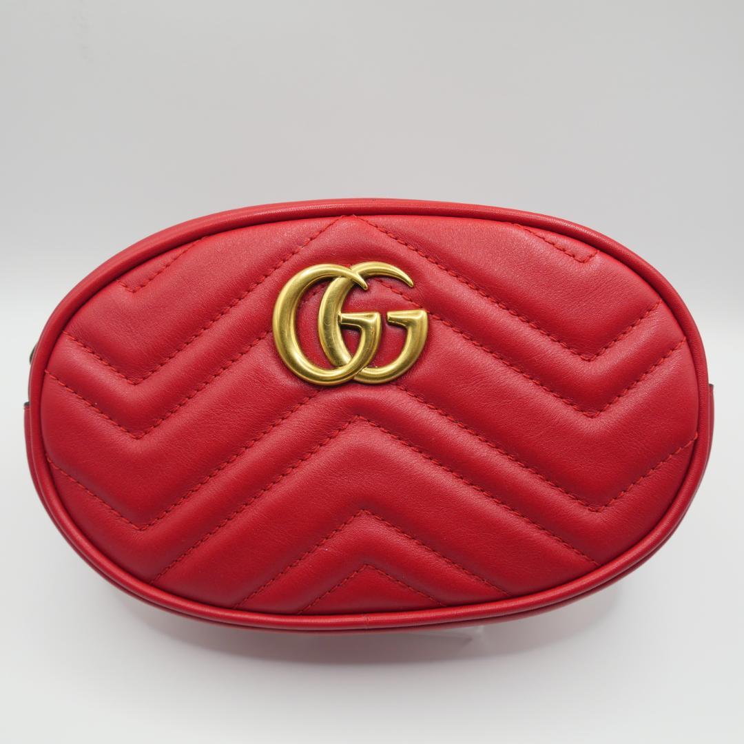 【美品】GUCCI GGマーモント　ボディバッグ　ウエストバッグ　レザー　レッド