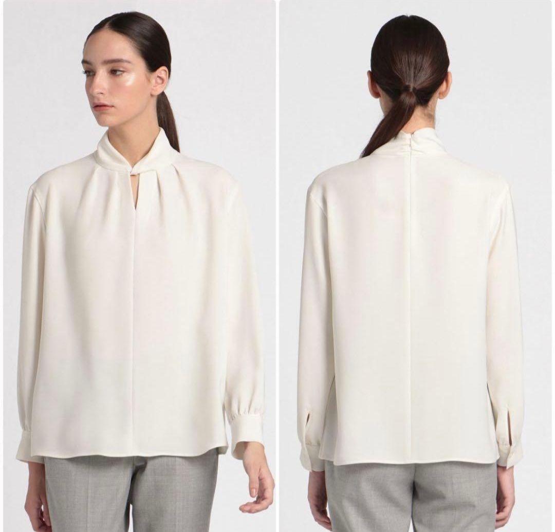 美品 セオリーリュクス 洗えるツイストカラーブラウス ダスティセダー 38