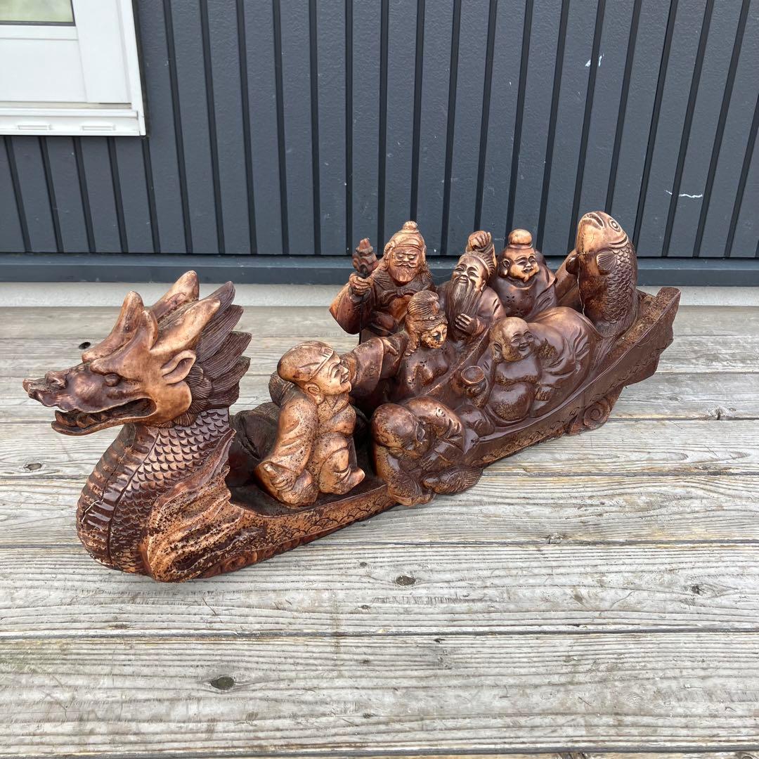 昭和レトロ 精密彫刻 大型 七福神 龍の船 宝船 縁起物 開運 置物 オブジェ