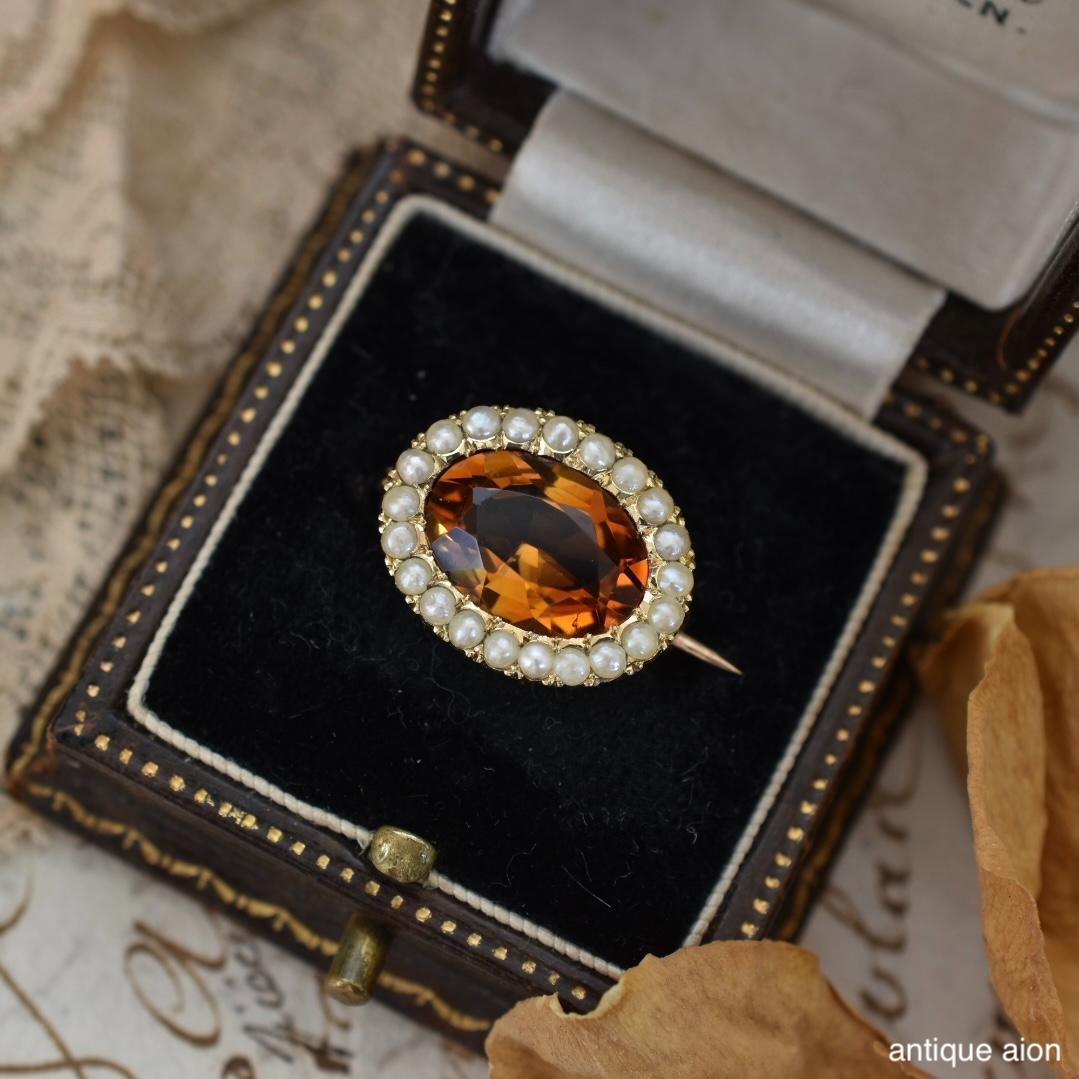 英国アンティーク 1900年前後 9金 天然シトリンと天然シードパールのブローチ