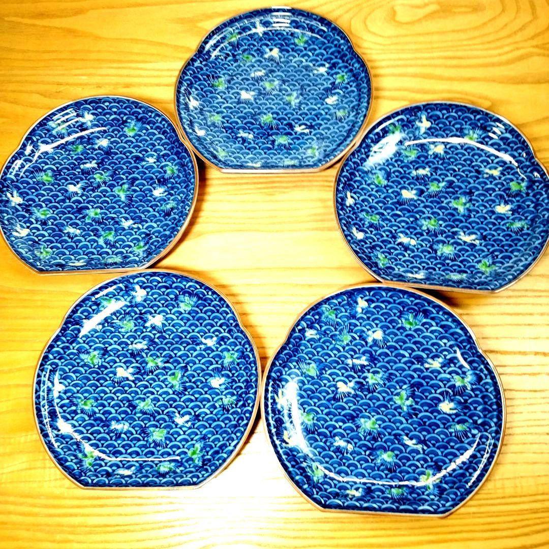 ☆館林 源右衛門 染錦波千鳥皿