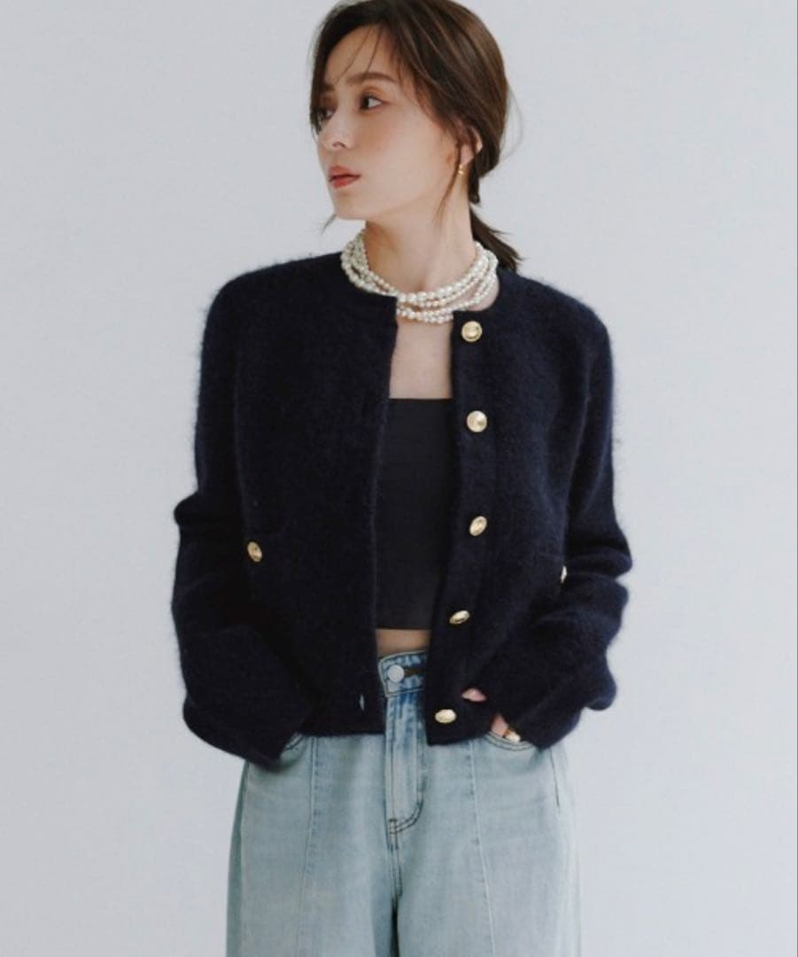 anuans カシミヤブレンドノーカラーニットジャケット　ネイビー