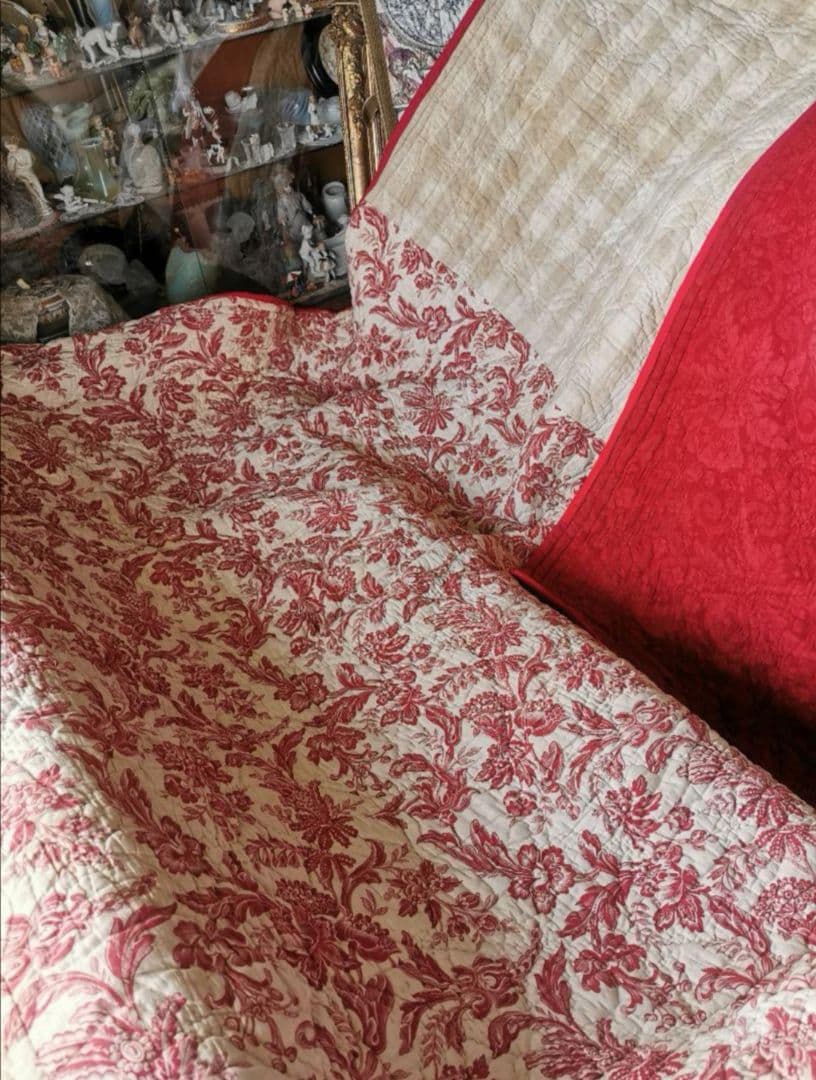 アンティーク フレンチブティ 超肉厚大判キルト ダブルフェイス 花更紗＆チェック