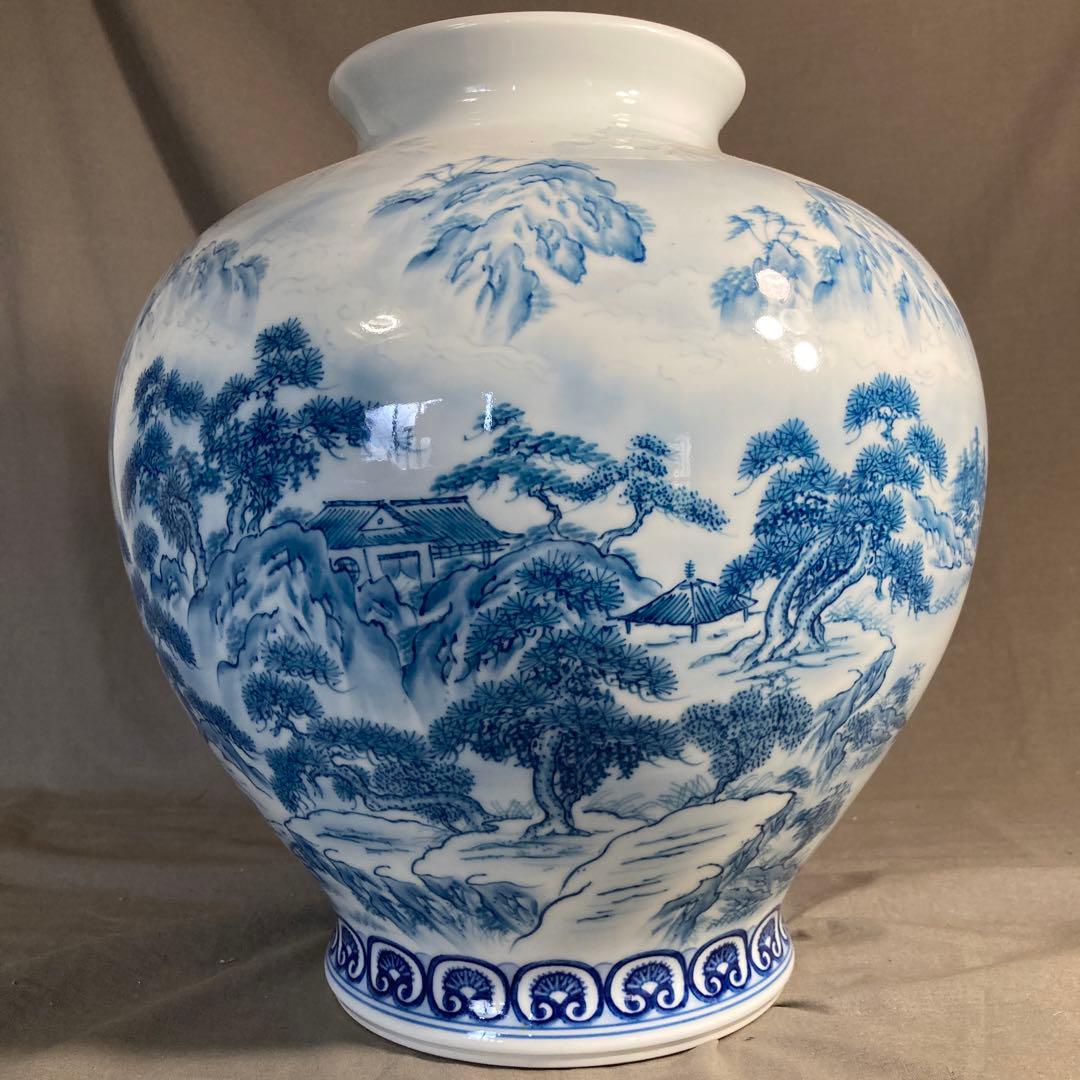 【松右衛門】古伊万里の伝統　日本の名窯　緒方松右衛門作　染付廻り山水絵　大花瓶