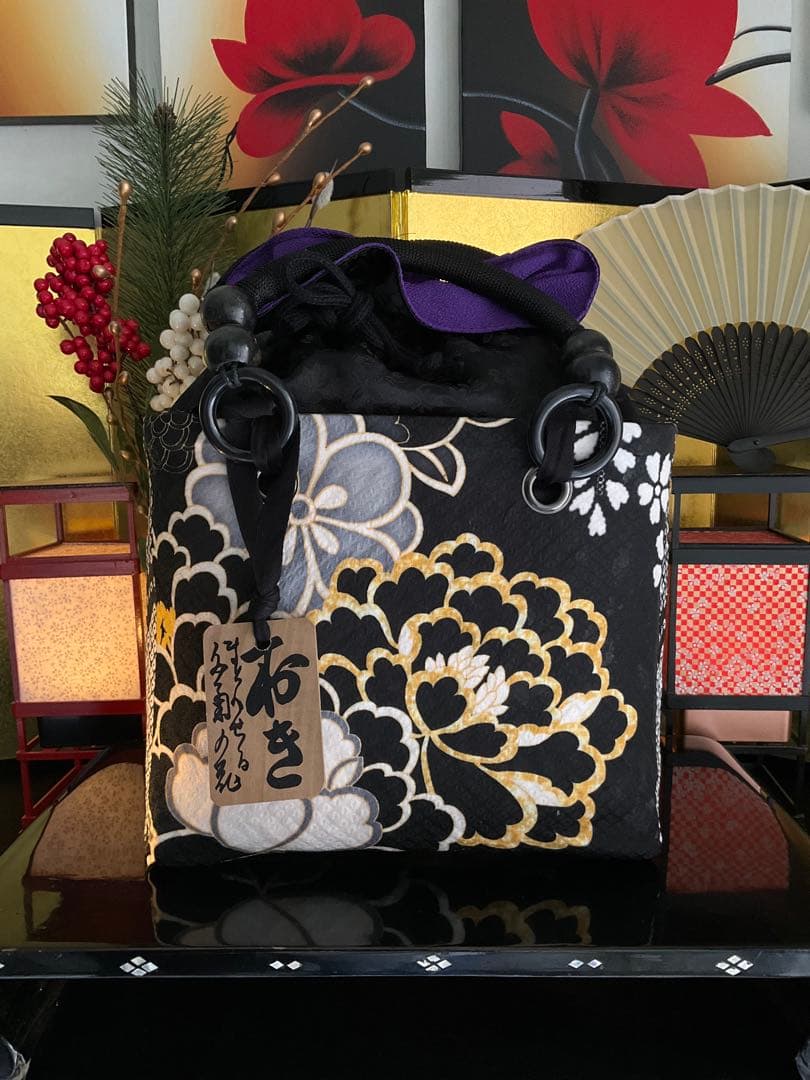 一閑張り　一閑張りバッグ　古文書　和紙　花絵柄　大正　着物　印譜　京友禅　牡丹