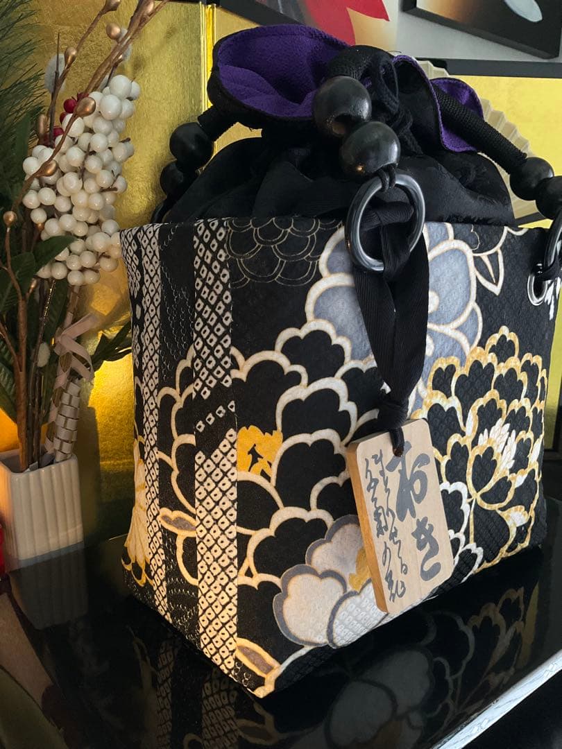 一閑張り　一閑張りバッグ　古文書　和紙　花絵柄　大正　着物　印譜　京友禅　牡丹