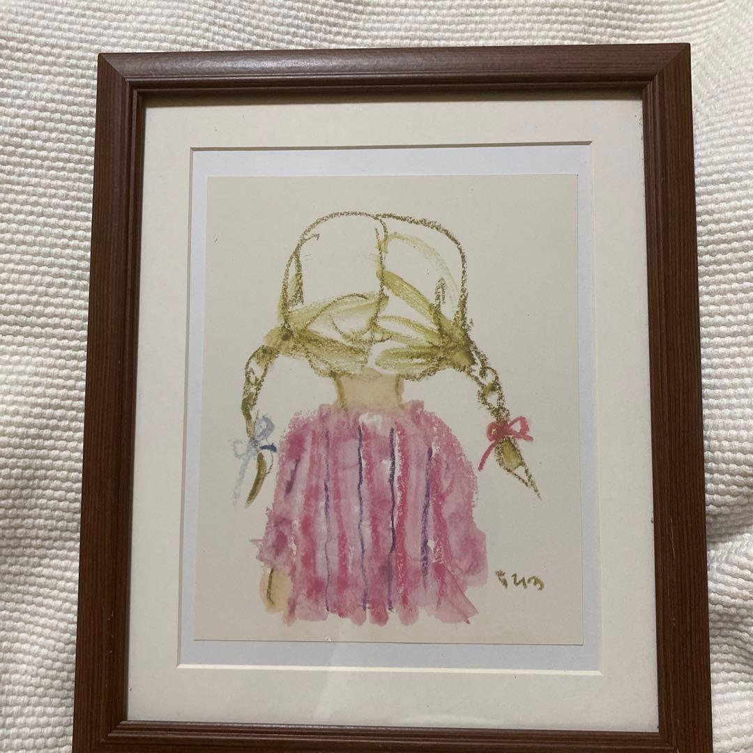 ★いわさきちひろ 『後ろ姿のおさげ髪の少女』ブラウン額縁/窓際のトットちゃん