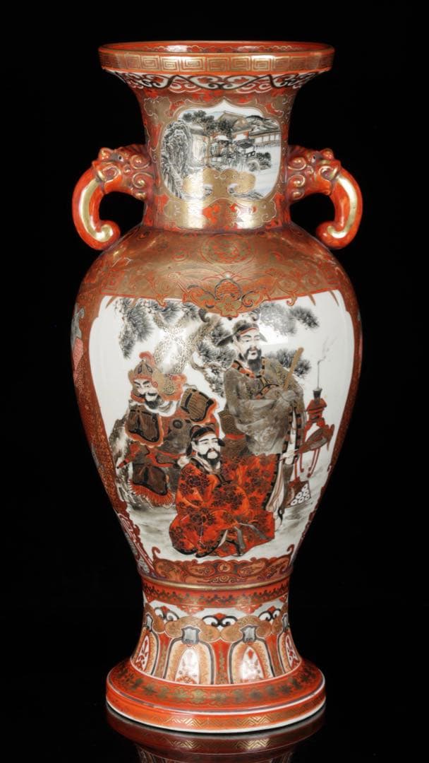 【九谷焼 大日本九谷造】金襴手赤絵金彩 龍双耳飾壺 花瓶 人物松鶴花鳥図 古美術