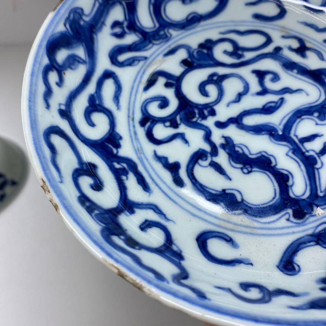 中国清時代　新渡青花龍図中皿　木箱付　直径約16㎝　東Y7-0326☆2F