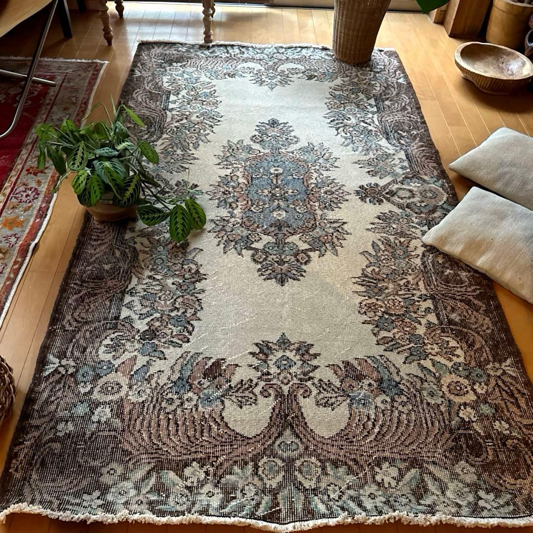 119×204ブラウン×クリーム　ピンク水色　メダリオン　トルコヴィンテージラグ