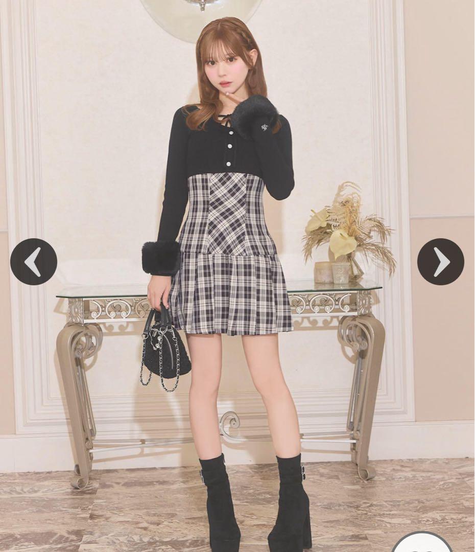 長袖ミニワンピース ブラック・チェック柄