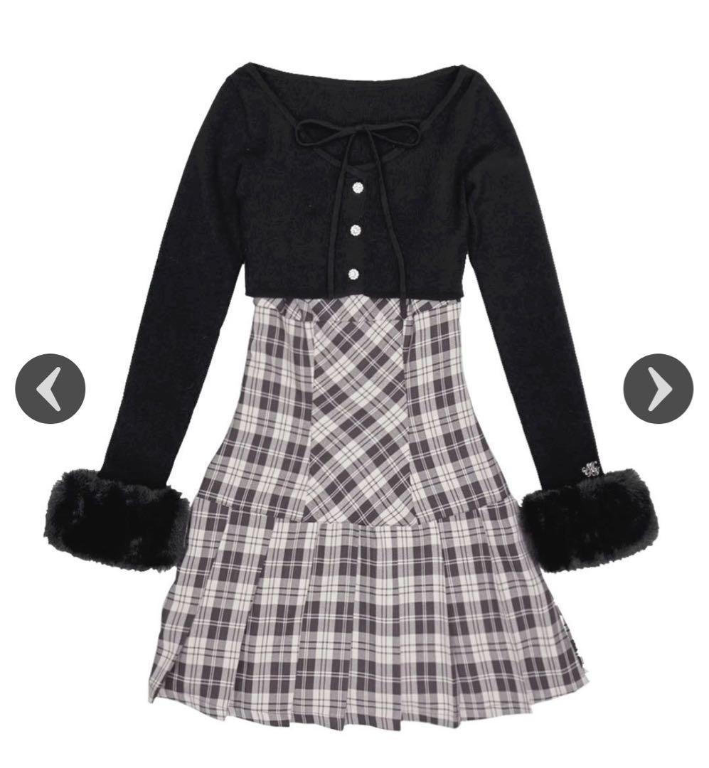 長袖ミニワンピース ブラック・チェック柄
