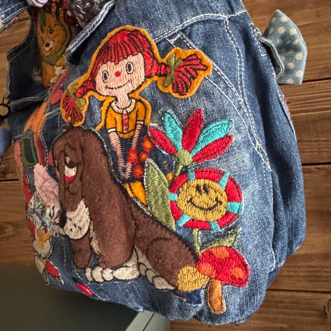 ハンドメイド デニムリメイク バッグ レトロアニマル ヨーヨーキルト 楕円 19