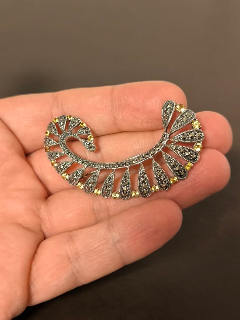 ヴィンテージ　マーカサイト　シトリン　925　スターリング　シルバー　ブローチ