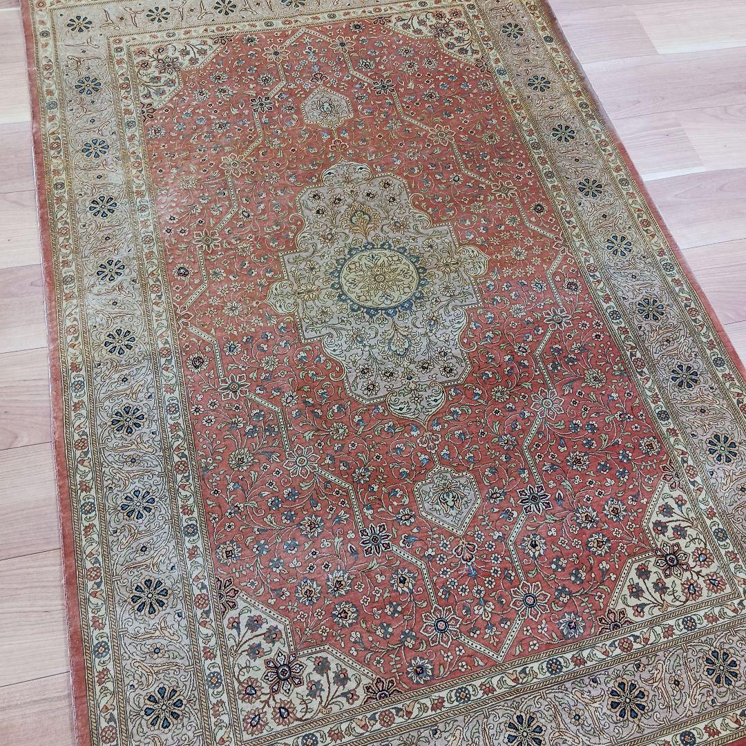 Y3196 高級ペルシャ クム産 工房サイン シルク100% 手織100万ノット