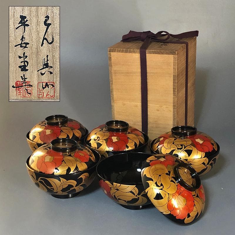 ◆506◆椿蒔絵　仙才吸物椀　木製漆器 平安堂 造 己ん典 作　五客